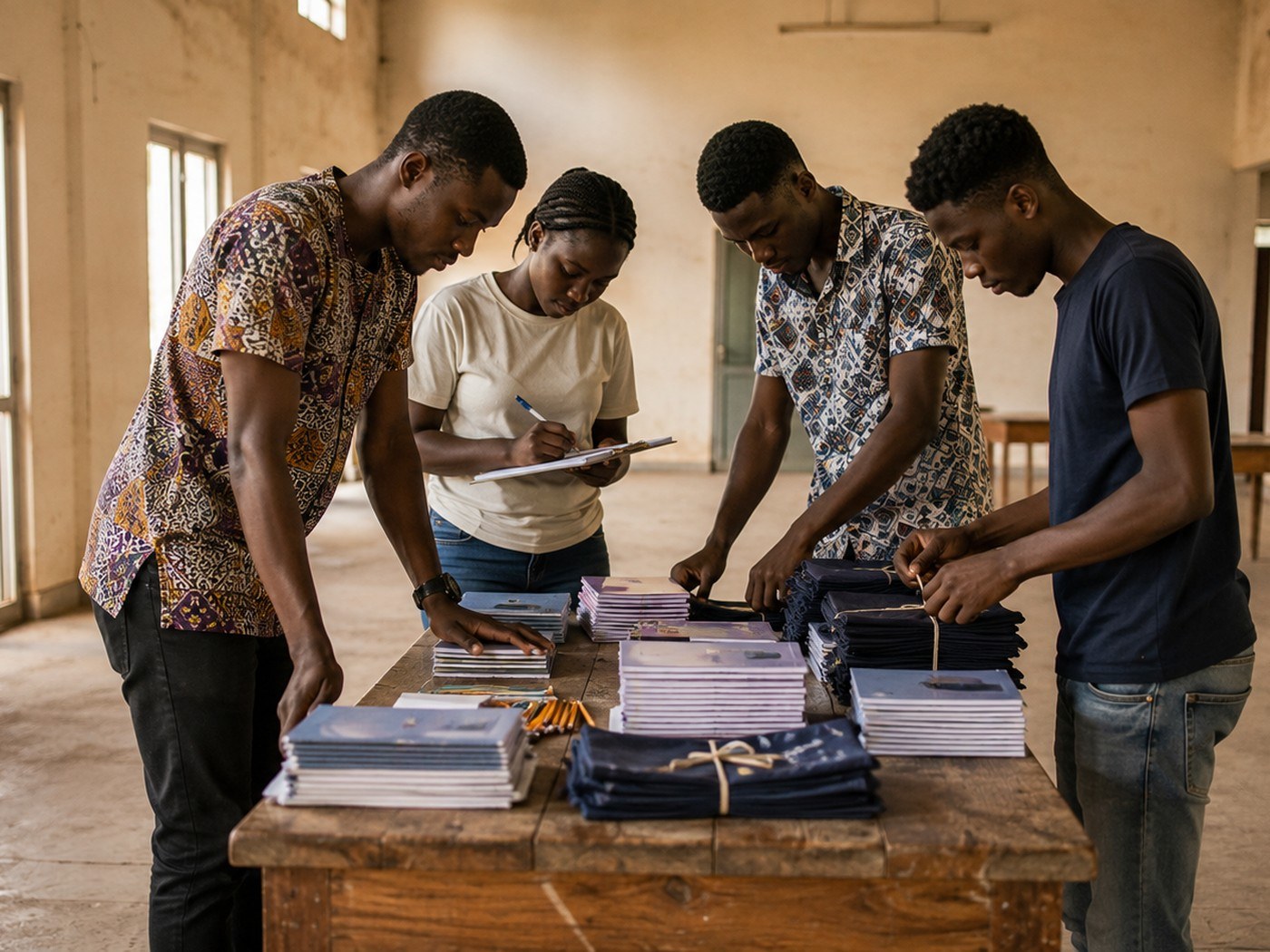 Quatre jeunes adultes préparant ensemble des kits scolaires dans une salle communautaire
