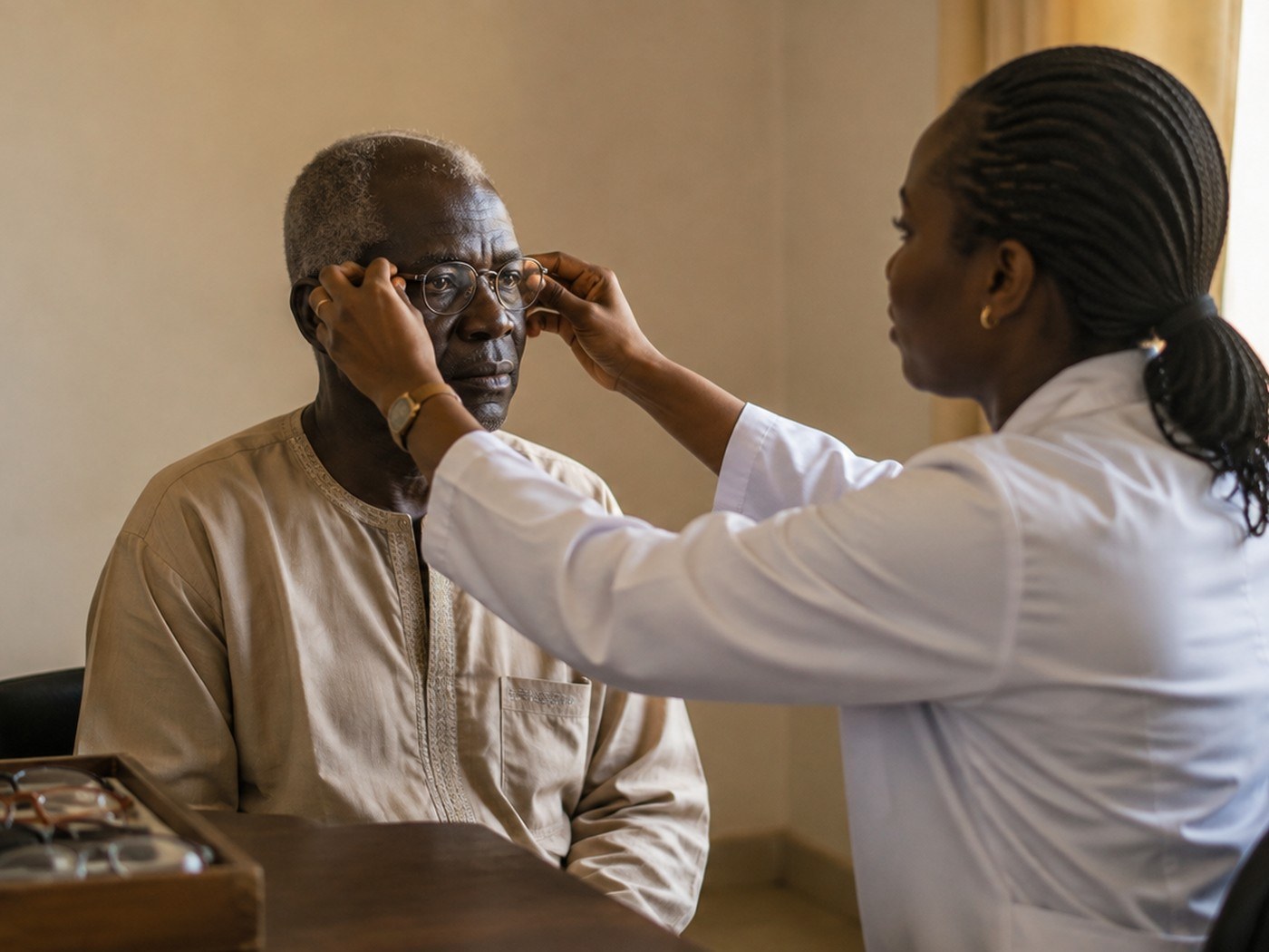 Une opticienne ajuste une paire de lunettes sur un homme lors d'une consultation de dépistage visuel