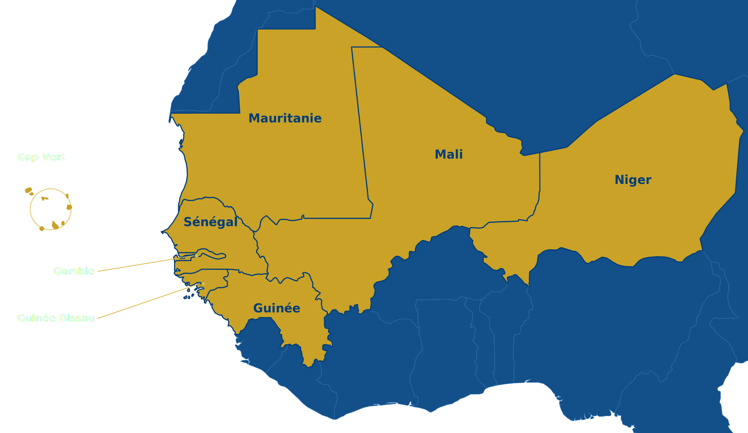 Carte de l'Afrique de l'Ouest situant les huit pays du District 403A1 : la Mauritanie, le Mali et le Niger, le Sénégal, la Gambie, la Guinée-Bissau et la Guinée sur la côte atlantique, et le Cap-Vert au large.