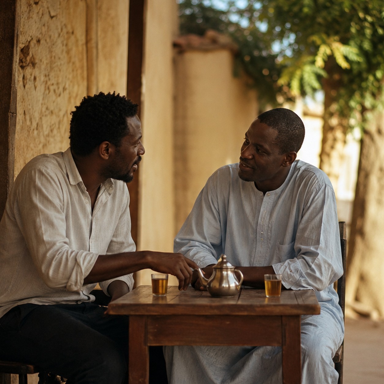 Deux hommes en conversation autour d'un thé à la terrasse d'un café ouest-africain, en fin d'après-midi