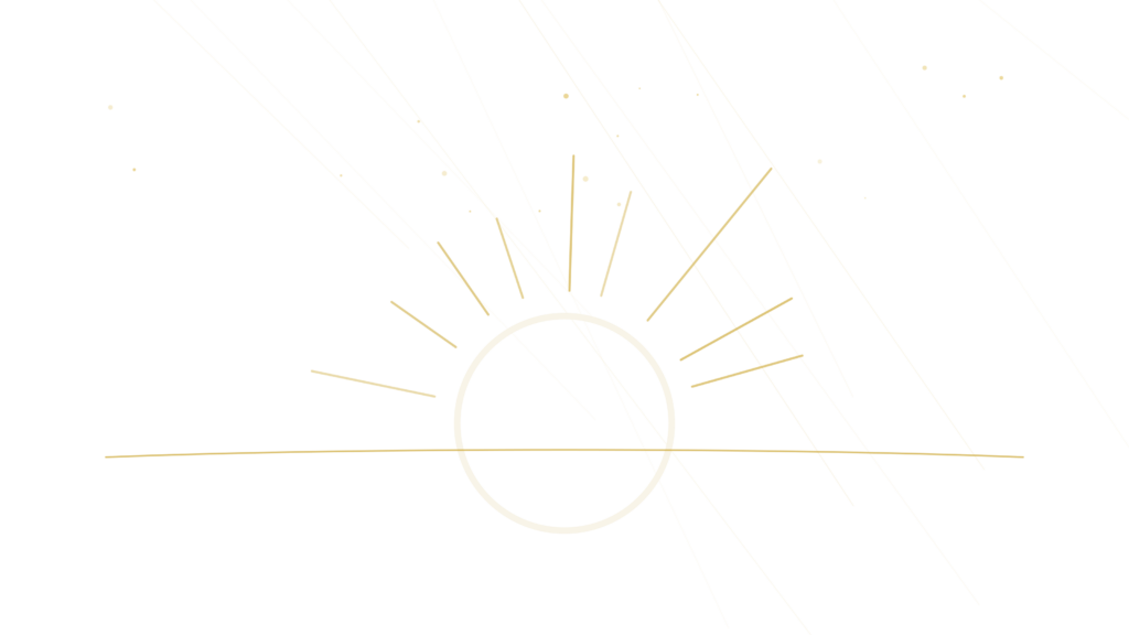 Illustration au trait : un soleil a cheval sur une ligne d horizon, rayons dores vers le haut